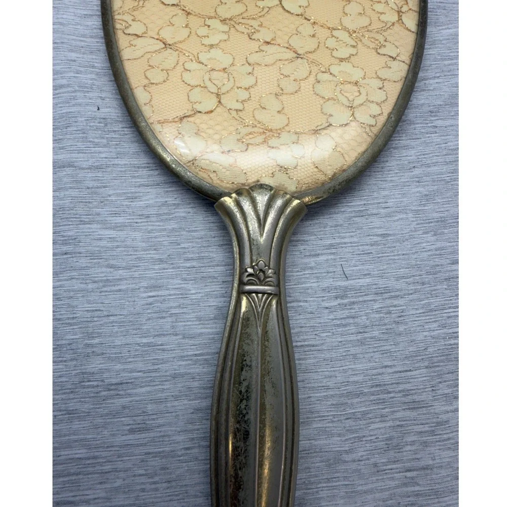 Vintage Gold Tone Hand Mirror Art Deco Floral Lace Inlay Shield Shape 12.5 Inch